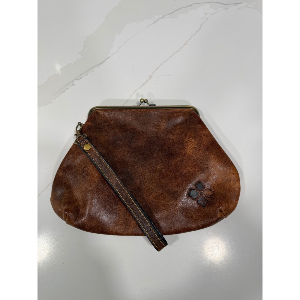 Patricia Nash Laureana Frame Clutch Wristlet Distressed Cognac Leather Brown